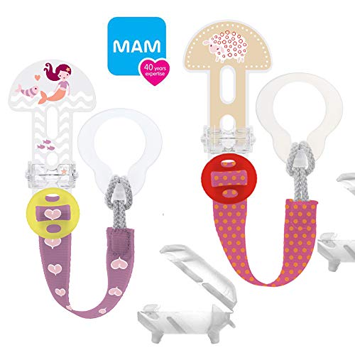 MAM Clip it ! Girl Fashion & Cover - Juego de 2 cintas para chupete (longitud ajustable, lavables)