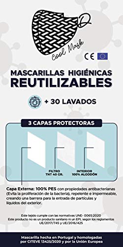 Mascarilla Higienica Lavable y Reutilizable fabricada en Portugal con filtro incorporado + 30 lavados. Tejido suave y ajustable a nariz y boca. Talla adulto unisex. Pack de 3 unidades. Color Negro