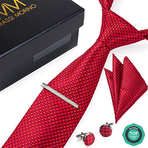 Massi Morino ® Set de corbata (caja regalo para hombres) Corbatas de hombre y pañuelos + gemelos + clip de corbata (Rojo cuadros)