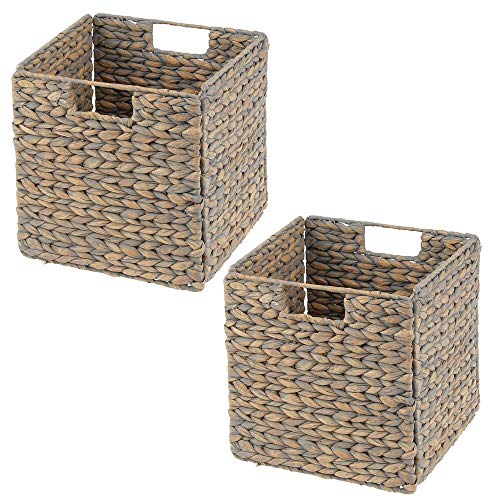 mDesign Juego de 2 cajas de almacenaje – Cajas organizadoras plegables hechas de jacinto de agua – Cestas de almacenaje con patrón trenzado – Ideales para estanterías cuadradas – color bambú