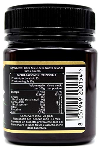 Miel de Manuka 500+ MGO 250g. Producida en Nueva Zelanda, activa y cruda, 100% pura y natural. Metilglioxial probado por laboratorios acreditados. NATURALEPIÙ