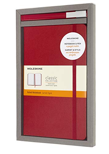 Moleskine - Set de Escritura con Cuaderno y Bolígrafo Classic Plus, Cuaderno Clásico con Rayas, Tapa Dura, Tamaño Grande 13 x 21 cm, Color Rojo Escarlata, 240 Páginas