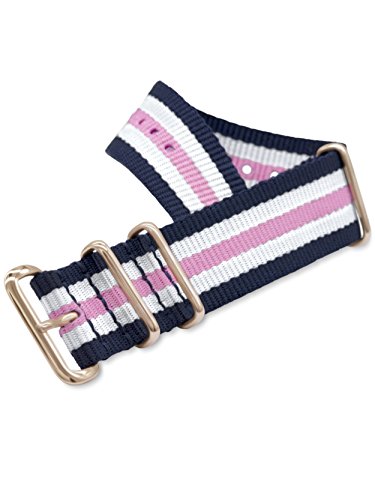 MOMENTO Correa de Reloj de Zulu Nailon para Mujer y Hombre con Hebilla de Acero Inoxidable en Dorado Rose y Tela de Rayas en Azul Blanco Rosa - 20mm