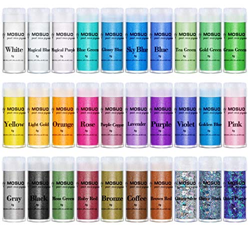 MOSUO Pigmentos en Polvo, 5g*30 Colores Natural Mica Tintes para teñir Resina Epoxi, Jabones, Slime, Cera, Pintura, Vela, Uñas, Cosmético y Arte de Bricolaje - Metalizados Colorante