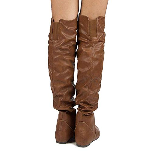 Mujer Botas sobre la Rodilla, Manga elástica de moda sexy, Botas sobre la rodilla hasta el muslo de cuero elástico de PU, Botas de tacón plano de moda de invierno, Botas altas,Marrón,38EU/5UK