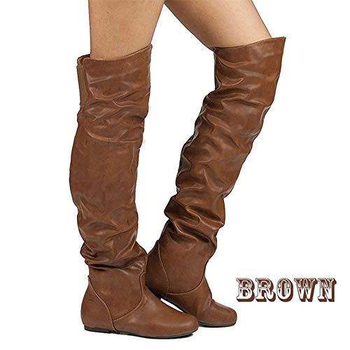 Mujer Botas sobre la Rodilla, Manga elástica de moda sexy, Botas sobre la rodilla hasta el muslo de cuero elástico de PU, Botas de tacón plano de moda de invierno, Botas altas,Marrón,38EU/5UK