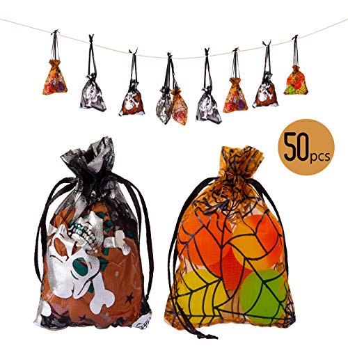 Naler 50 Bolsas Organza Bolsitas Tul Telaraña Cráneo Hueco para Caramelo Dulces Decoración Halloween(7x9cm)