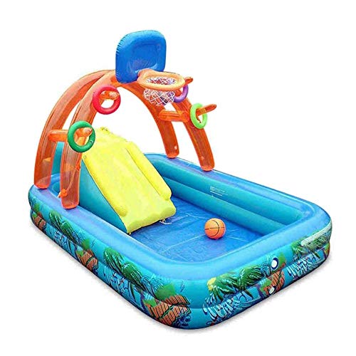 N/B Centro Juegos Hinchable Piscina Inflable Tobogán Acuático para Niños Baloncesto Jugar Al Billar con Tobogán De Aro De Baloncesto para Niños, Piscina Familiar Inflable 188x137x34 Cm