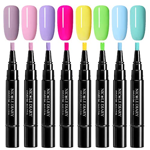 NICOLE DIARY 5ml One Step UV Gel Pen 3 en 1 Soak Off UV LED Gel Esmalte de uñas No es necesario aplicar una capa superior de base Kit de barniz en gel de uñas de color fluorescente (8 colores)