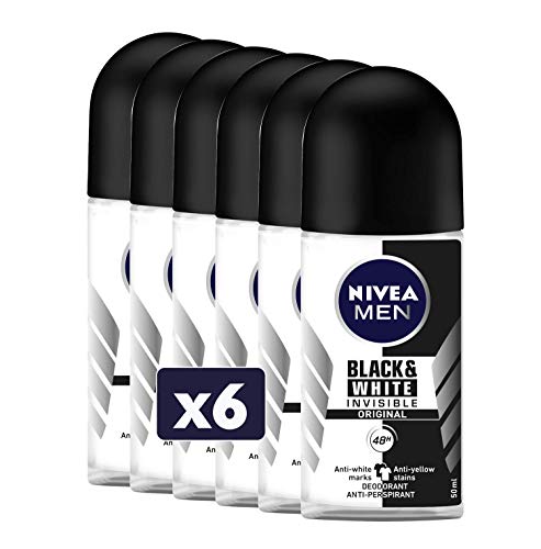 NIVEA Men Black & White Invisible Desodorante Roll-On, 6 paquetes de 50 ml