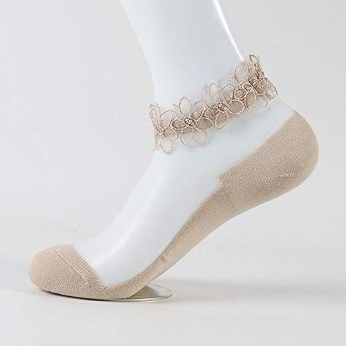 NLFD 10 Pares de Calcetines Cortos de Encaje translúcido Lady Girl Princess Sox Summer Thin Retro Comfortable Fashion Soft Cotton-Beige