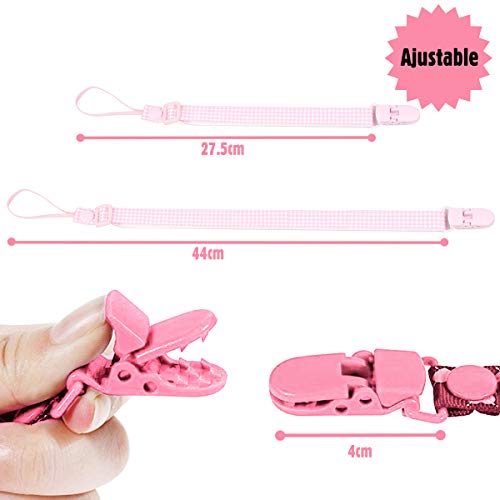 O³ Cadena Chupete Bebe 7 Unidades – Chupetes de Clip Bebé Ajustables – Cuelga Chupetes De Material Seguro – Lavable – 2 Versiones De Colores (Rosa)