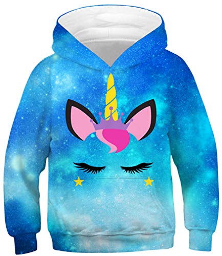 Ocean Plus Niño Colorido 3D Sudaderas con Capucha Adolescentes Pull-Over Kids Sudadera Manga Larga Hoodie (M (Altura: 135-140cm), Unicornio Largo Pestañas Azules)