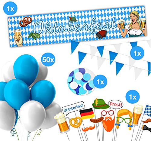 Oktoberfest decoración prados bávaros Wiesn decoración Oktoberfest Cannstatter Wasen con 1x guirnalda, 1x cinta de barrera, 50x globos, 3x colgador de techo, 1x bandera bávara, 1x cartel DINA3