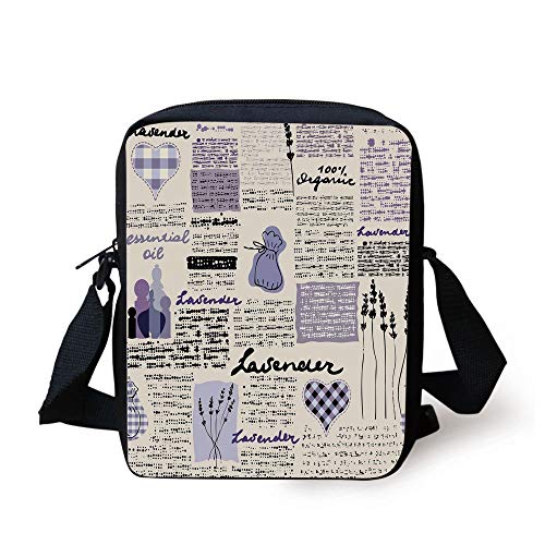 Old Newspaper Decor,Lavender Retro Pattern Hearts Herbs Organic Fragrance Essence Decorative,Cream Lavender Black Print Kids Crossbody Messenger Bag Purse