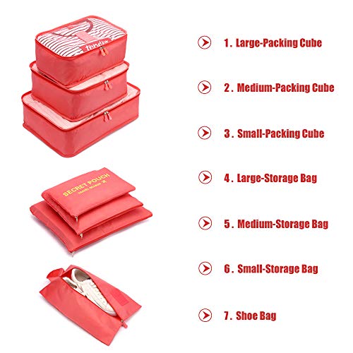 Organizador de Equipaje，LOSMILE 7 en 1 Set Impermeable Organizadores de Viaje para Maletas，3 Cubos de Embalaje +3 Bolsas de Almacenamiento+1 Saco de Zapatos.(Rojo Sandía)