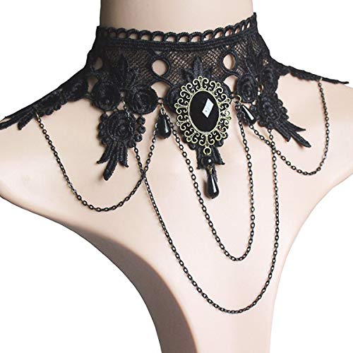 Ouinne Joyería de Collar de Cristal Gargantilla de Encaje Borla Gótico del Cordón Cadena para Fiesta de Boda, Negro