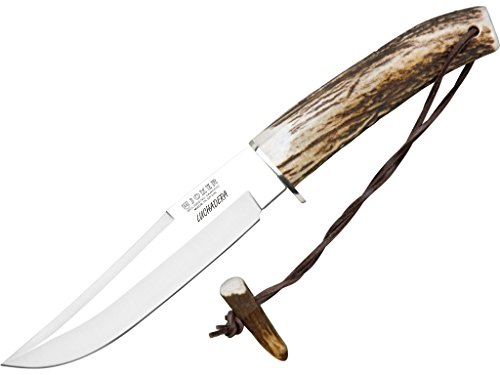 Outletdelocio. Cuchillo de monte Made In Spain. Mango Asta de Ciervo. Hoja acero inoxidable 16cm + Funda piel + funda multiusos. 9577/23054