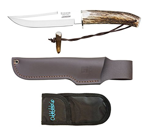 Outletdelocio. Cuchillo de monte Made In Spain. Mango Asta de Ciervo. Hoja acero inoxidable 16cm + Funda piel + funda multiusos. 9577/23054