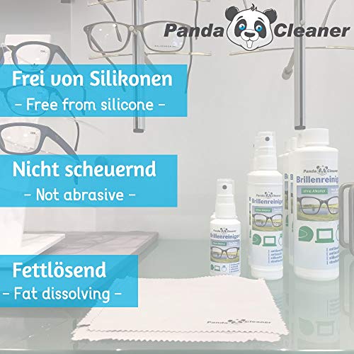 Pandacleaner - Limpiador de gafas | botella de 50 ml + botella de recarga de 250 ml | sin alcohol | limpieza sin rayas y fórmula antivaho | para gafas, pantallas, pantallas, viseras, etc.