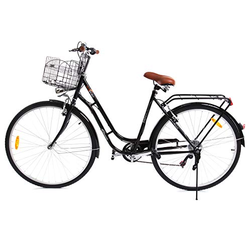 Paneltech 28 pulgadas 7 velocidad de Ciudad Bicicleta de ciudad para mujer hombre Paseo Citybike compras Commute para bicicleta con luz delantera y luz trasera y cesta (Negro)