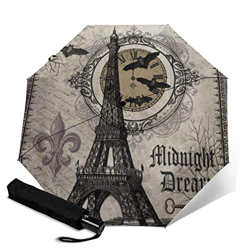 Paraguas plegable de viaje, moderno vintage francés de Halloween Torre Eiffel automática TRIF-Old paraguas a prueba de viento para mujeres con protección UV Auto abierto y cierre