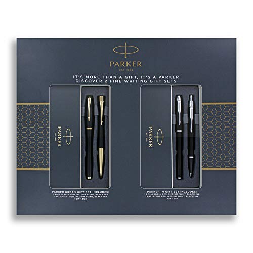 PARKER Set doble juego de boligrafo y pluma para regalo. Punta redonda. Acabados en negro con adorno dorado y con adorno plateado. Modelo 1263082