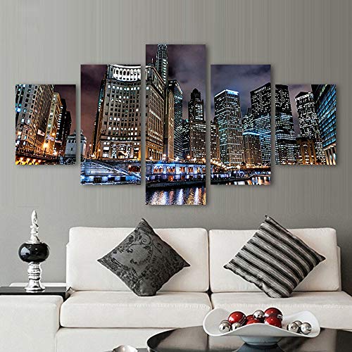 PEJHQY Embellecer Lienzo Pared Arte Cuadros Moderno Marco Sala de Estar 5 Piezas Prosperidad Chicago Ciudad Noche Paisaje decoración HD Imprimir Carteles,Cuadro en Lienzo Sevilla