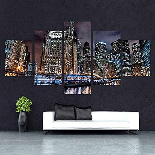 PEJHQY Embellecer Lienzo Pared Arte Cuadros Moderno Marco Sala de Estar 5 Piezas Prosperidad Chicago Ciudad Noche Paisaje decoración HD Imprimir Carteles,Cuadro en Lienzo Sevilla