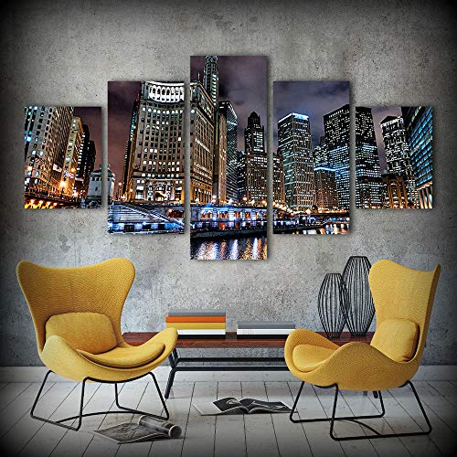 PEJHQY Embellecer Lienzo Pared Arte Cuadros Moderno Marco Sala de Estar 5 Piezas Prosperidad Chicago Ciudad Noche Paisaje decoración HD Imprimir Carteles,Cuadro en Lienzo Sevilla