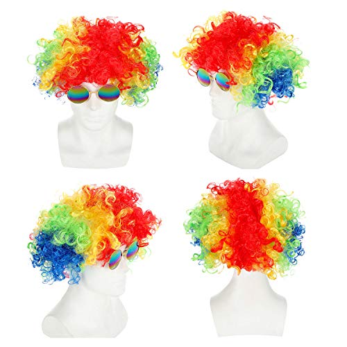 Peluca Afro Peluca de Payaso Peluca de Pelo Rizado y Gafas de Sol Redondas de Hippie para Accesorios de Disfraz Fiesta de Halloween de los Años 1970 1980 1990 (Conjunto de Colores 1)