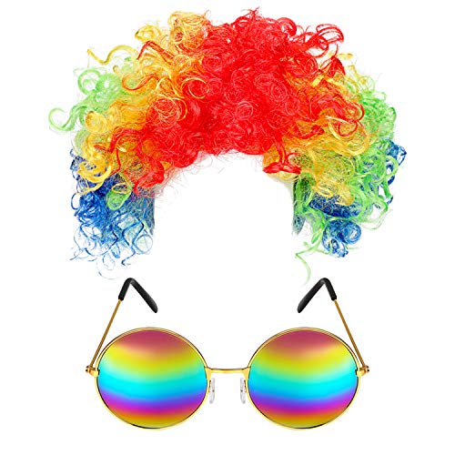 Peluca Afro Peluca de Payaso Peluca de Pelo Rizado y Gafas de Sol Redondas de Hippie para Accesorios de Disfraz Fiesta de Halloween de los Años 1970 1980 1990 (Conjunto de Colores 1)