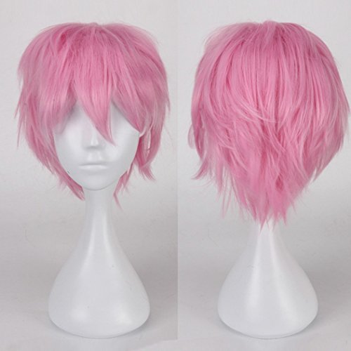 Pelucas Completas de Cosplay Corto Unisex Peluca de Fiesta de Anime de Pelo Liso de Capa Natural Para Mujeres Hombres Niños Niñas Rosado