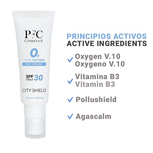 PFC Cosmetic Crema Solar Mineral Sun Protect Pure Oxygen City Shield SPF 30 Loción Solar con Vitamina B3 Pollushield Poliplant® Algas Marinas Agascalm y Oxígeno V10 Protección UVA UVB.