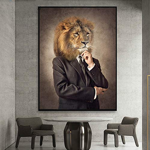 Pinturas de animales en tela de lona estilo retro arte de pared leones en trajes póster decoración de la sala pintura cuadros 20x30CM SIN marco