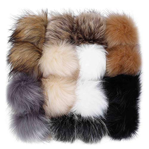 Pompón de Piel Sintética Bola Grandes 16 Piezas para Llaveros Bolsos, Accesorios Desmontables Tejer Sombrero de Lana de Punto Gorro de Invierno 10cm/ 8 Colores