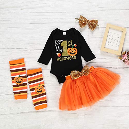 Poseca Trajes de Halloween para bebés 0-24meses Recién Nacido Mi Primer Disfraz de Halloween Disfraz de Calabaza para bebé Vestido de tutú Mameluco para bebés Conjunto de Trajes para niños 4pcs