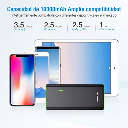 POWERADD Batería Externa 10000mAh (3 USB, 5V 2A, Más 2.5A, con Linterna) Carga Rápida Power Bank para iPhone iPad Samsung Xiaomi Móviles Inteligentes y Tableta