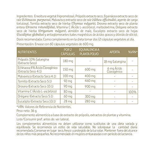 Própolis complex 1.600 mg 60 cápsulas con echinácea, malvavisco, tomillo, drosera, vitamina C, eucalipto y orégano. (Pack 2 unid.)