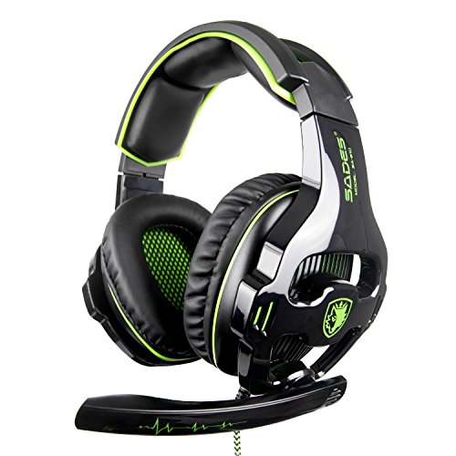 PS4 auriculares, SADES 810 PC Gaming auriculares over-EAR Gaming audífonos con cancelación de ruido de micrófono y control de volumen para Laptop Mac Nintendo switch nuevo Xbox uno PS4 (negro y verde)