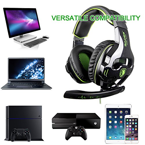 PS4 auriculares, SADES 810 PC Gaming auriculares over-EAR Gaming audífonos con cancelación de ruido de micrófono y control de volumen para Laptop Mac Nintendo switch nuevo Xbox uno PS4 (negro y verde)