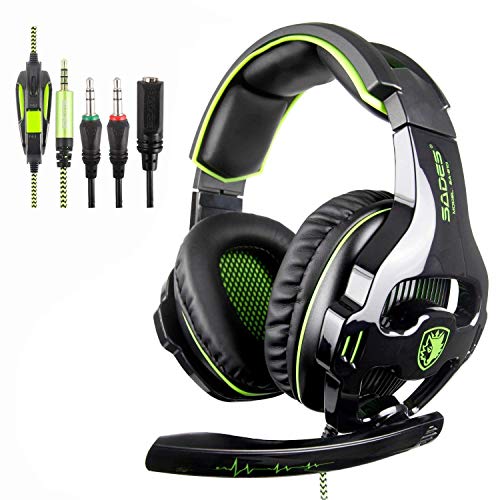 PS4 auriculares, SADES 810 PC Gaming auriculares over-EAR Gaming audífonos con cancelación de ruido de micrófono y control de volumen para Laptop Mac Nintendo switch nuevo Xbox uno PS4 (negro y verde)