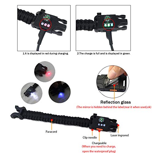 Pulsera Supervivencia De Emergencia Al Aire Libre Láser Infrarrojo SOS Recargable Trenzada LED Linterna Silbido Brújula Pulsera De Rescate