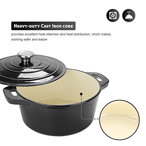 Puricon Horno Holandés Hierro Fundido Esmaltado 26 cm, Olla Francesa de Esmalto Antiadherente 5,2 litros para Cazuela con Tapa Redonda -Negro