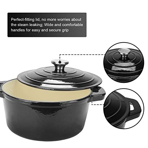 Puricon Horno Holandés Hierro Fundido Esmaltado 26 cm, Olla Francesa de Esmalto Antiadherente 5,2 litros para Cazuela con Tapa Redonda -Negro