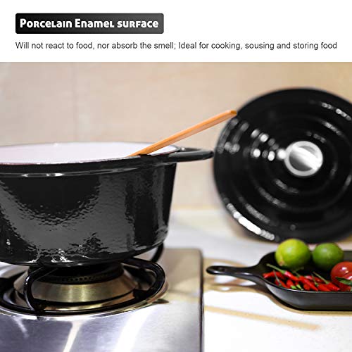 Puricon Horno Holandés Hierro Fundido Esmaltado 26 cm, Olla Francesa de Esmalto Antiadherente 5,2 litros para Cazuela con Tapa Redonda -Negro