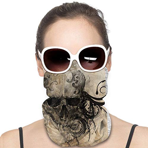 Q&SZ Sweatshirt Outdoor Headband Tattoo Decor Revenge Fierce Faced Skull Triplets with Romantic Detail of Rose Image Black and White Scarf Neck Gaiter Face Bandana Scarf Head Scarf