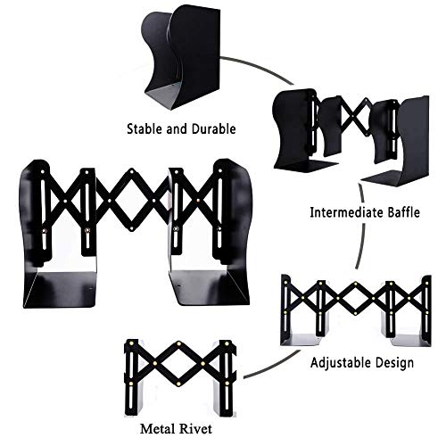 Qualsen Sujetalibros, Sujetalibros telescópicos de metal, soporte de libro para biblioteca escuela oficina en el hogar Oficina de trabajo Negro