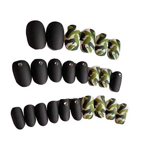 QULIN 24pcs/Novedades encantadoras de uñas falsas en uñas negras con tapa completa en caja Las niñas dan impresiones de camuflaje frescas en camuflaje