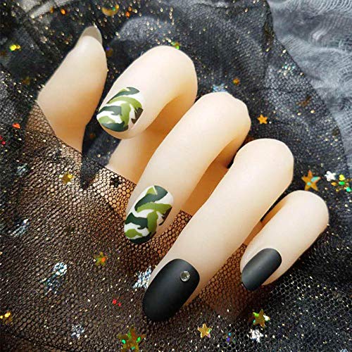 QULIN 24pcs/Novedades encantadoras de uñas falsas en uñas negras con tapa completa en caja Las niñas dan impresiones de camuflaje frescas en camuflaje